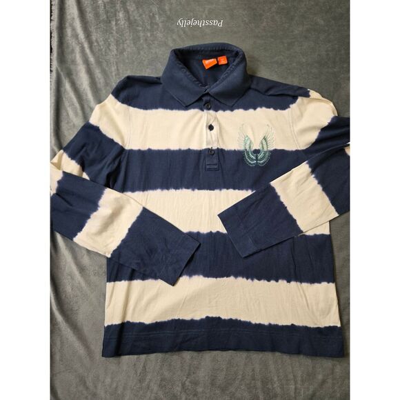 HUGO BOSS Shirt Mens Small Blue POLO Rugby Angel Wing Logo Button Preppy‎ Grunge - Picture 1 of 13